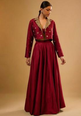 Deep Red Silk Blend Handwork Lehenga Set