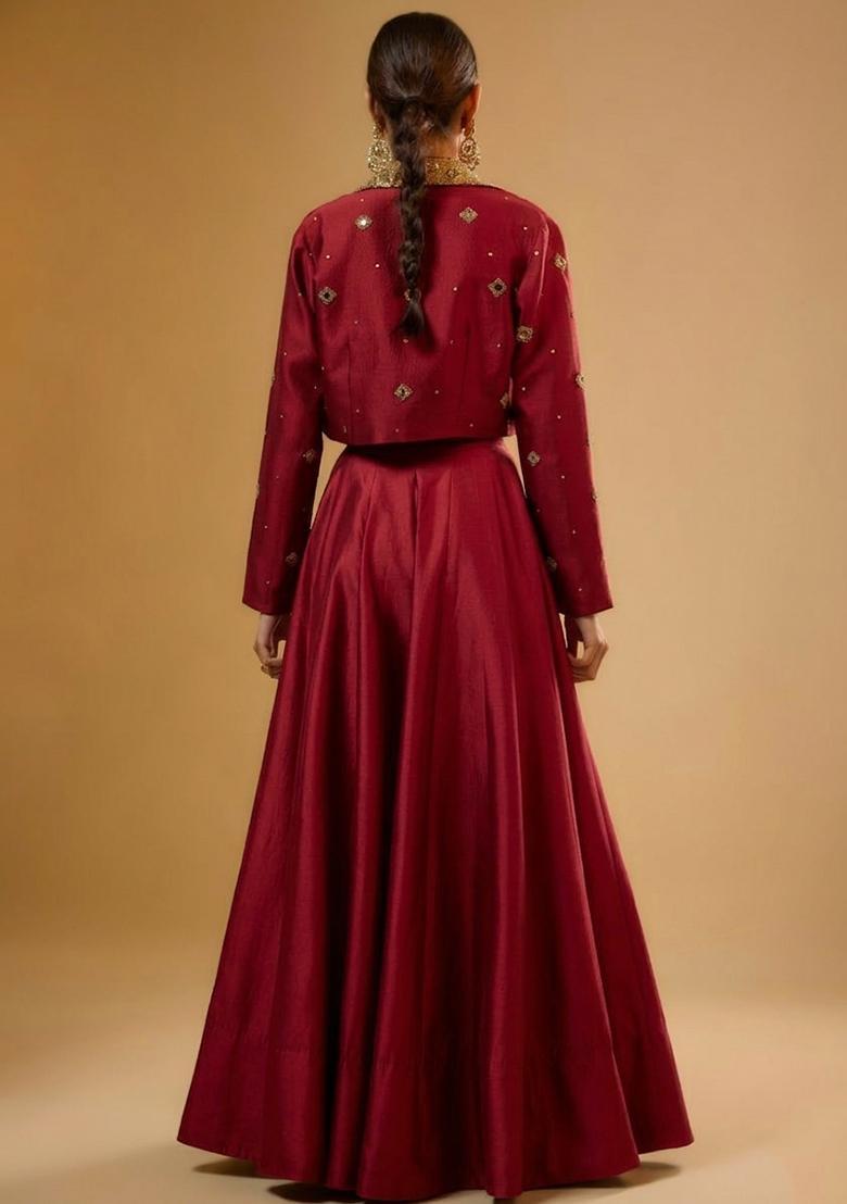 Deep Red Silk Blend Handwork Lehenga Set - Indya