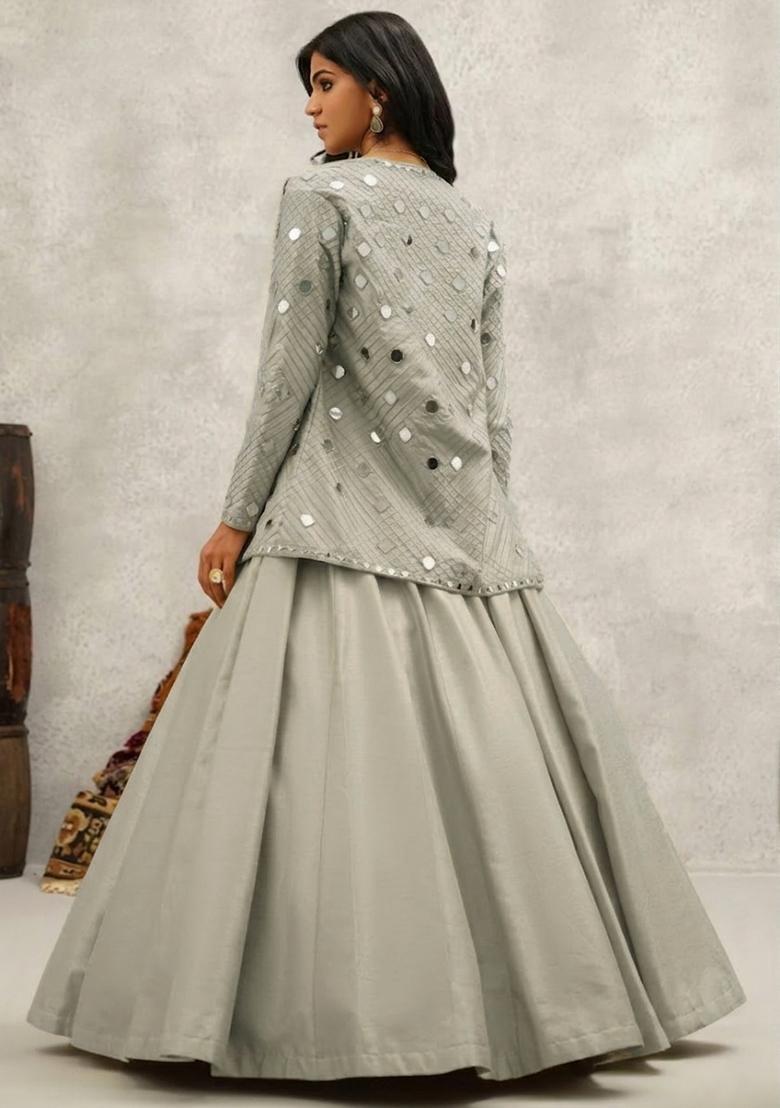 Silver Silk Blend Handwork Lehenga Set - Indya