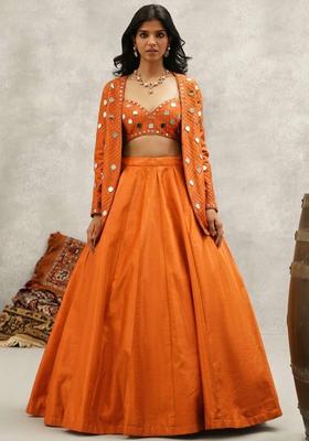Orange Silk Blend Handwork Lehenga Set