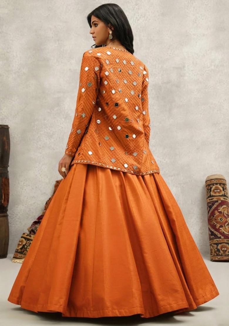 Orange Silk Blend Handwork Lehenga Set - Indya