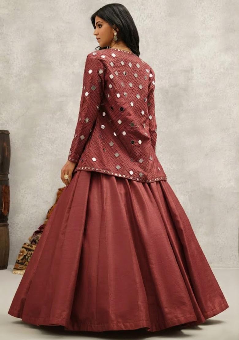 Brown Silk Blend Handwork Lehenga Set - Indya