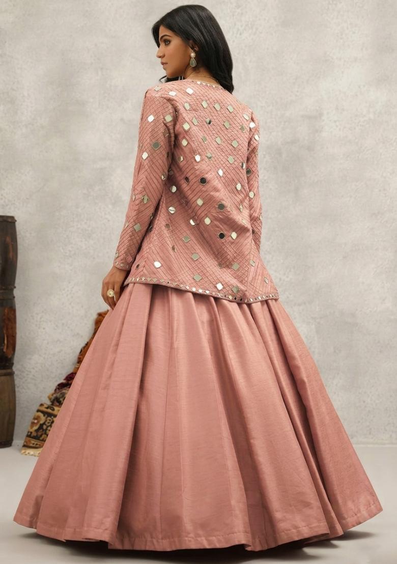 Soft Pink Silk Blend Handwork Lehenga Set - Indya