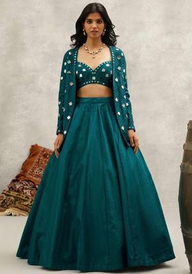 Deep Teal Green Silk Blend Handwork Lehenga Set