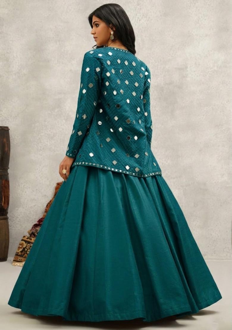 Deep Teal Green Silk Blend Handwork Lehenga Set - Indya