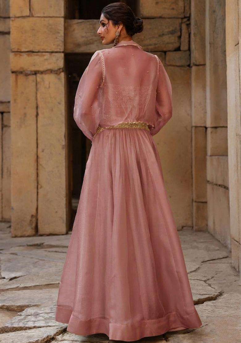 Dusty Pink Organza Handwork Lehenga Set - Indya
