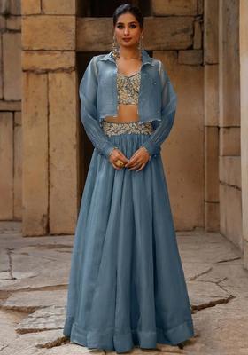 Pastel Blue Organza Handwork Lehenga Set