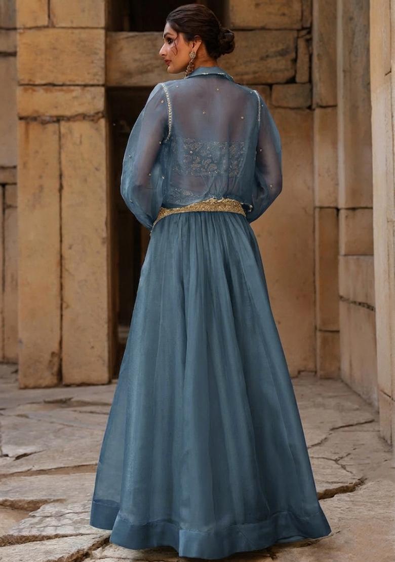 Pastel Blue Organza Handwork Lehenga Set - Indya