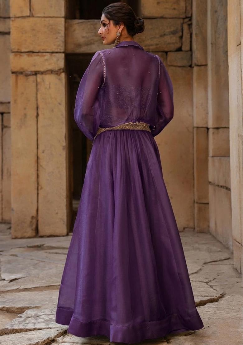 Purple Organza Handwork Lehenga Set - Indya