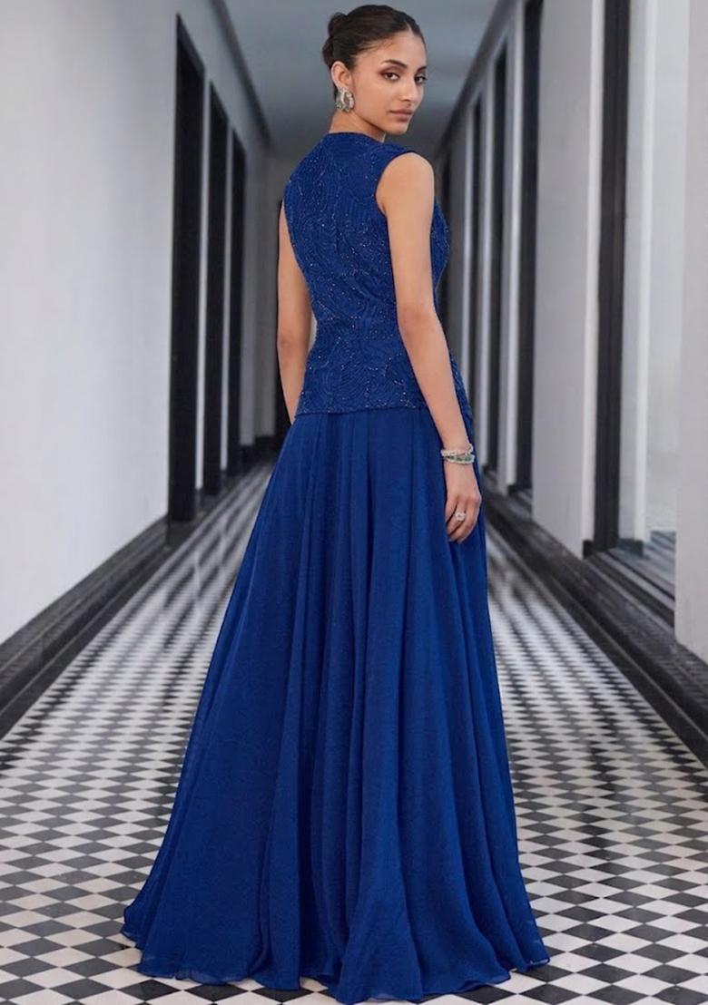 Royal Blue Crepe Handwork Fusion Set - Indya
