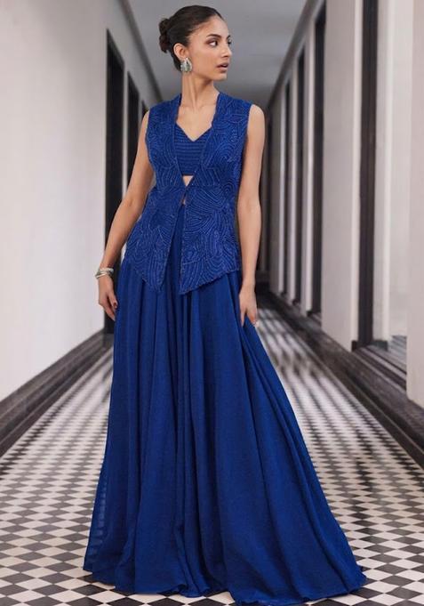 Royal Blue Crepe Handwork Fusion Set