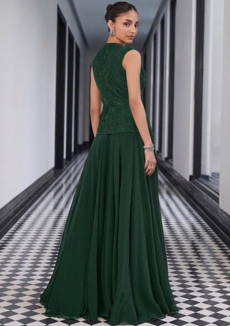 Forest Green Crepe Handwork Fusion Set - Indya