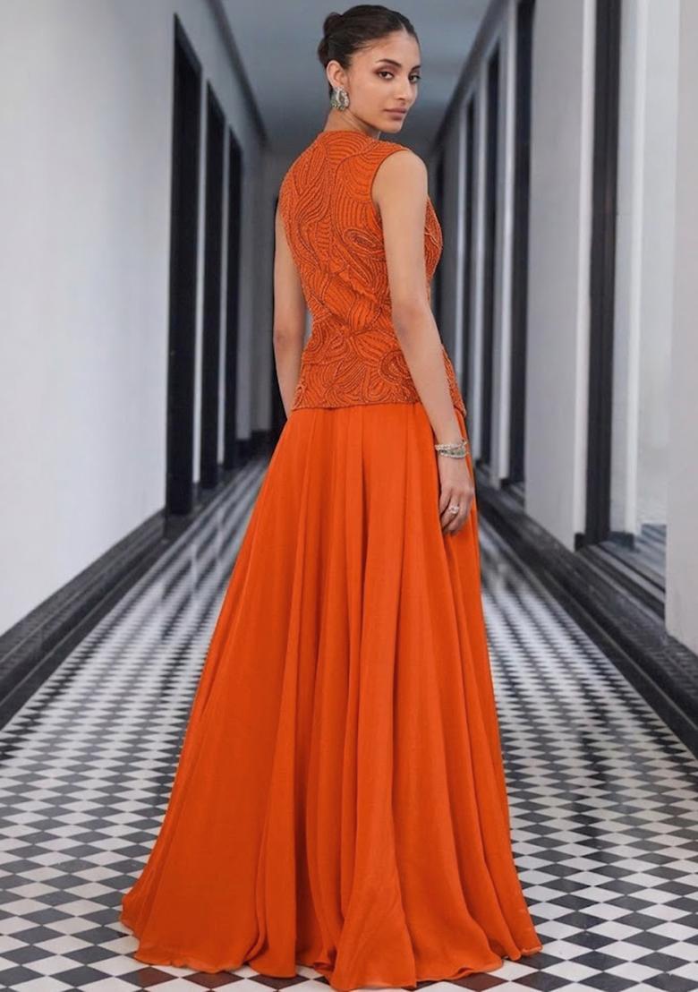 Orange Crepe Handwork Fusion Set - Indya