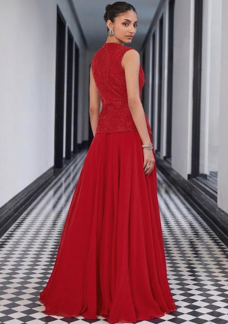 Red Crepe Handwork Fusion Set - Indya
