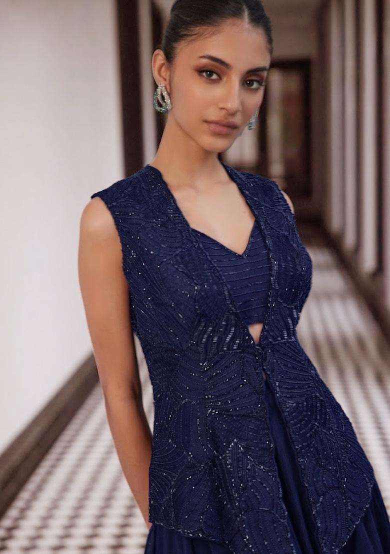 Violet Crepe Handwork Fusion Set - Indya
