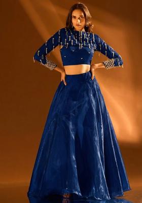 Navy Blue Silk Blend Handwork Lehenga Set