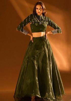 Olive Green Silk Blend Handwork Lehenga Set