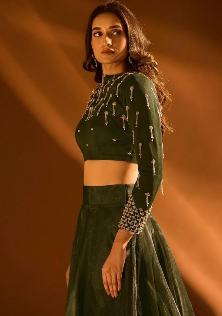 Olive Green Silk Blend Handwork Lehenga Set - Indya