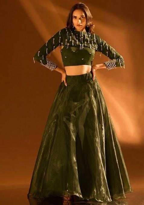 Olive Green Silk Blend Handwork Lehenga Set