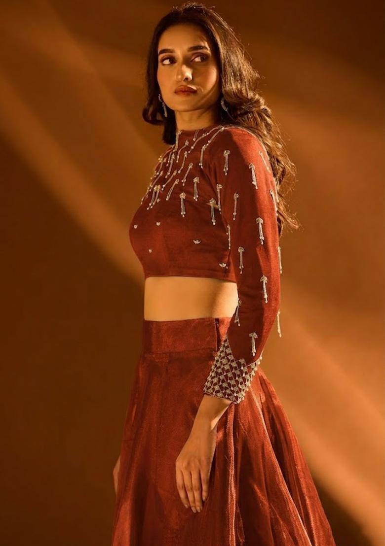Rust Silk Blend Handwork Lehenga Set - Indya