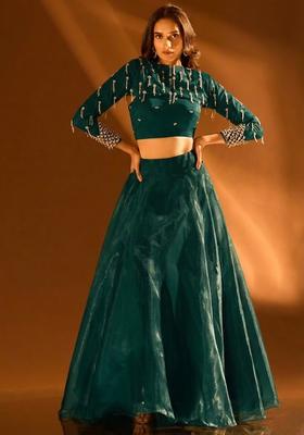 Deep Teal Green Silk Blend Handwork Lehenga Set