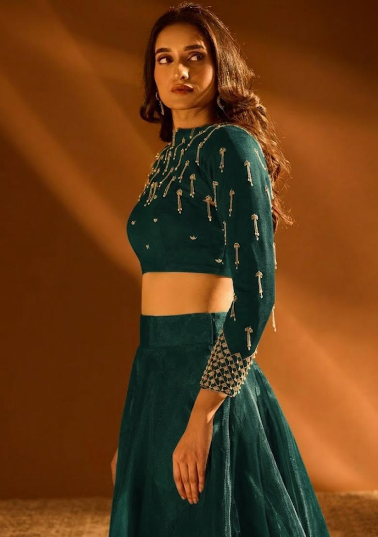 Deep Teal Green Silk Blend Handwork Lehenga Set - Indya