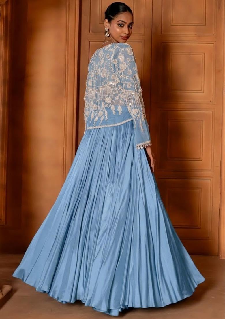 Pastel Blue Crepe Handwork Lehenga Set - Indya