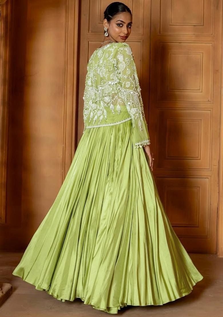 Mint Green Crepe Handwork Lehenga Set - Indya