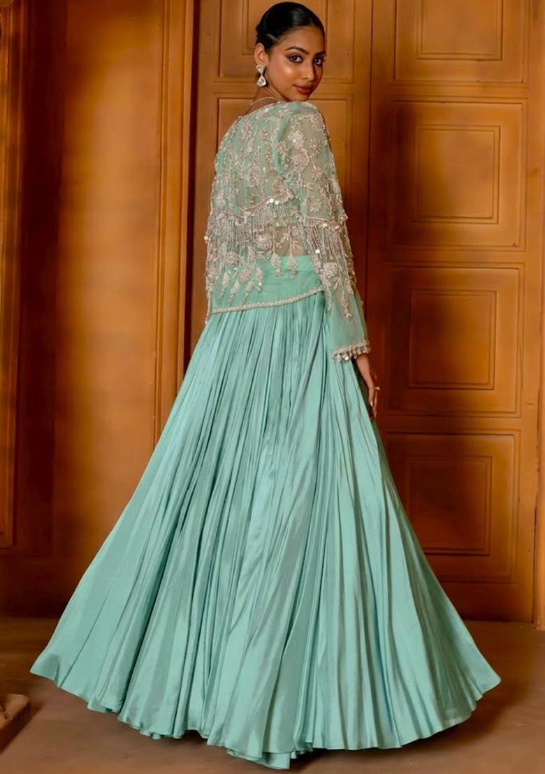 Sky Blue Crepe Handwork Lehenga Set - Indya