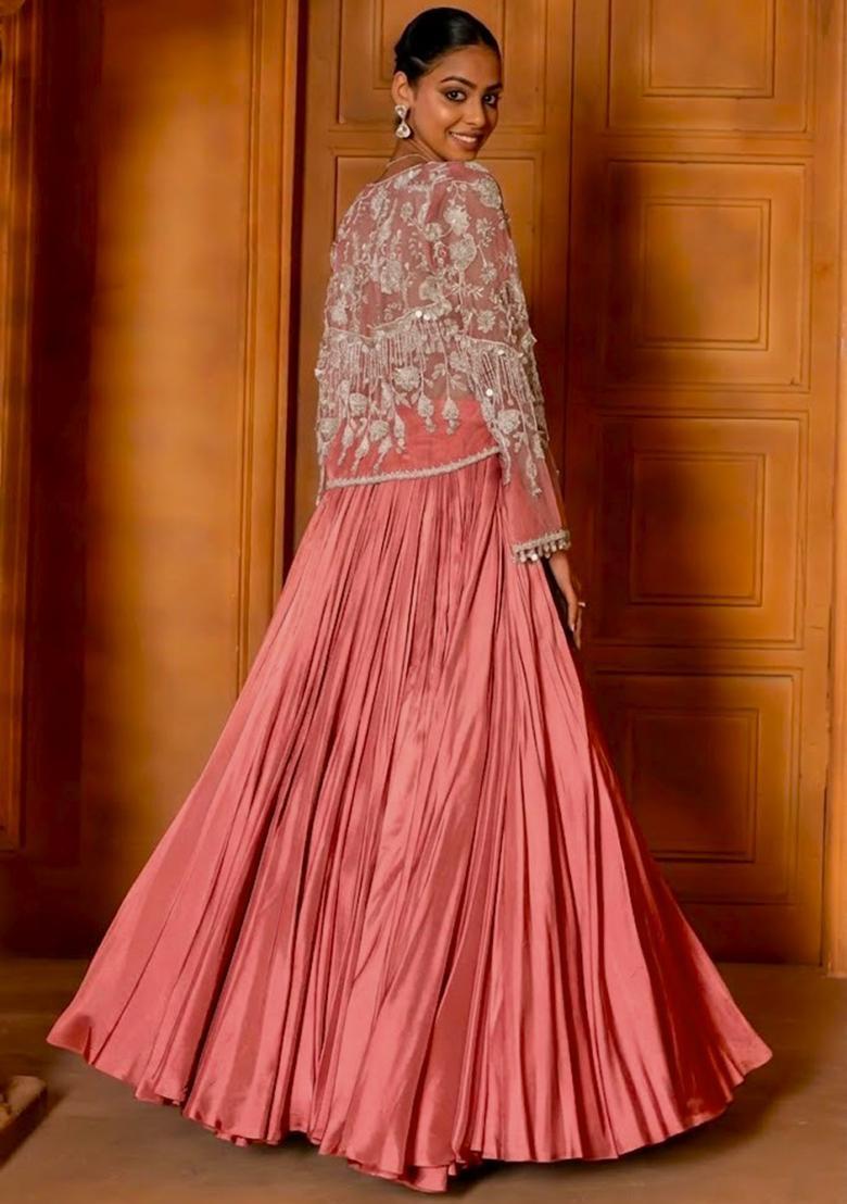 Pink Crepe Handwork Lehenga Set - Indya