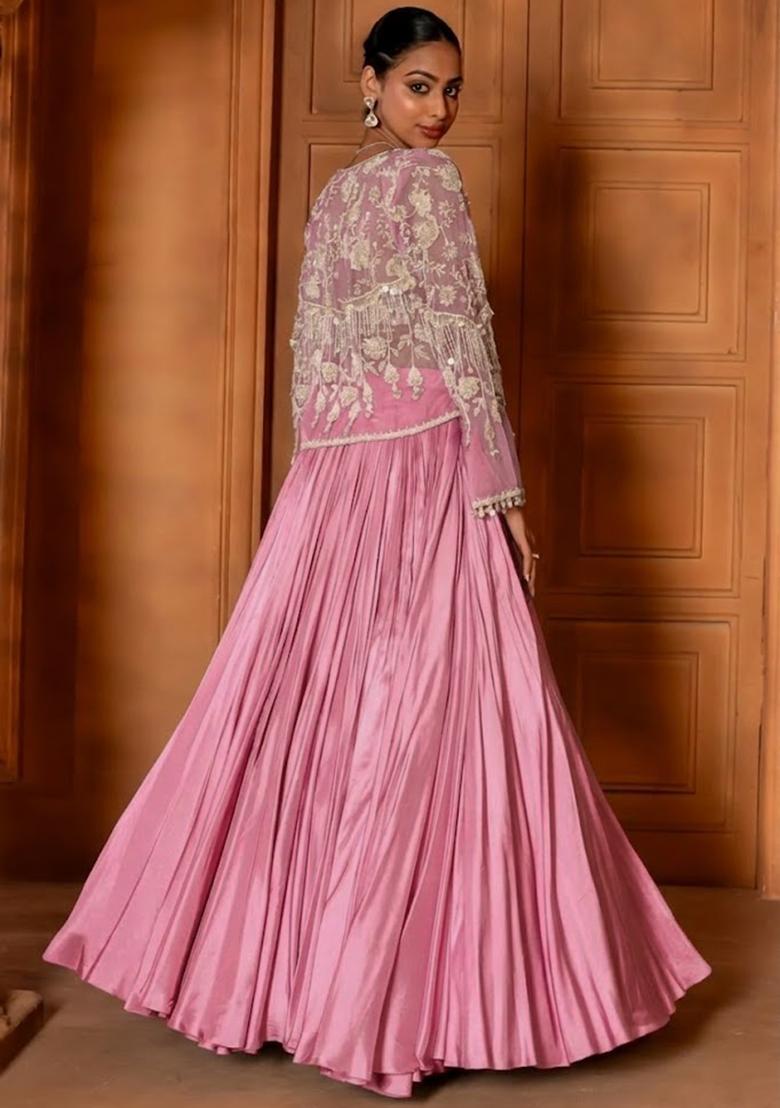 Pink Crepe Handwork Lehenga Set - Indya