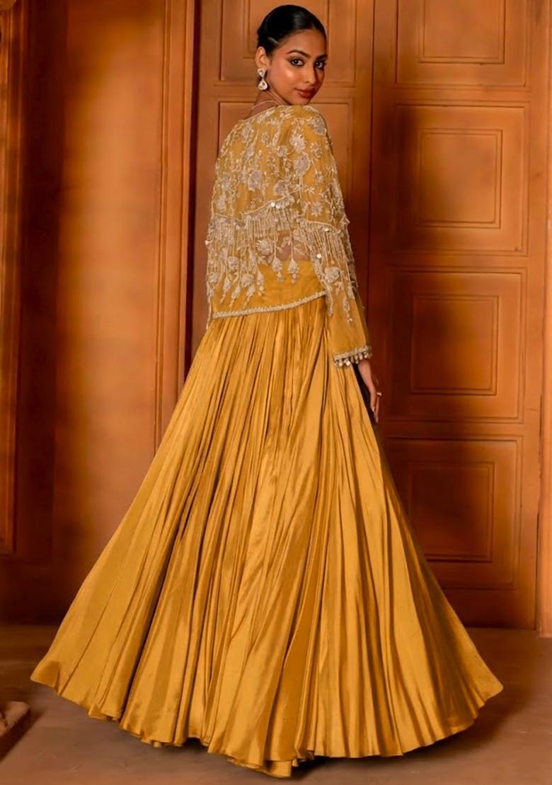 Mustard Crepe Handwork Lehenga Set - Indya