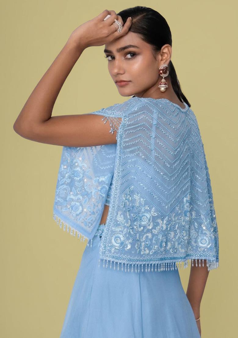 Pastel Blue Organza Handwork Lehenga Set - Indya