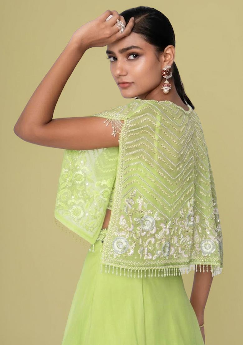 Lime Green Organza Handwork Lehenga Set - Indya