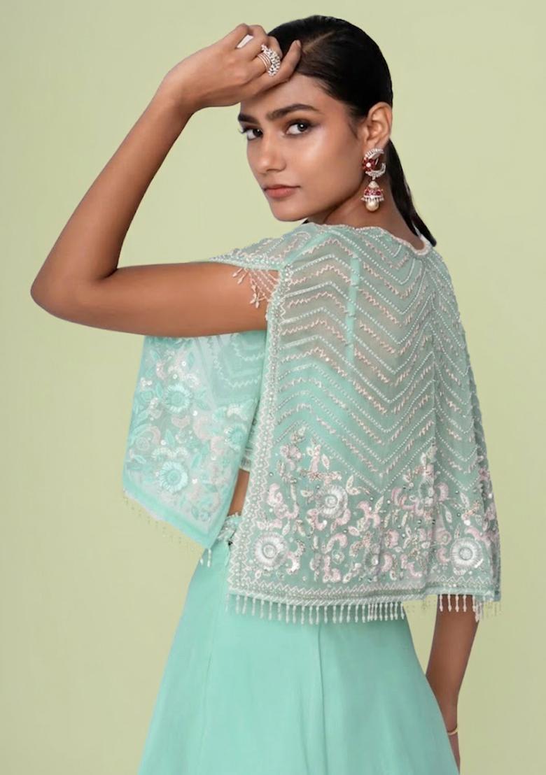 Mint Green Organza Handwork Lehenga Set - Indya
