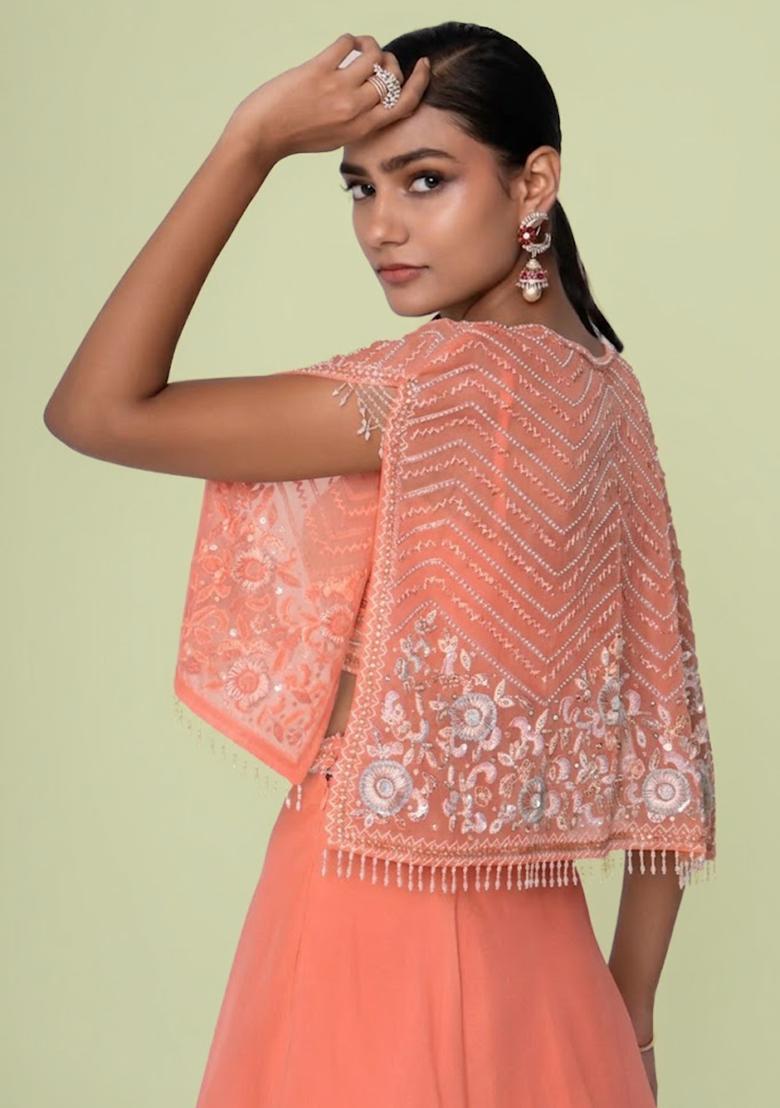Peach Organza Handwork Lehenga Set - Indya