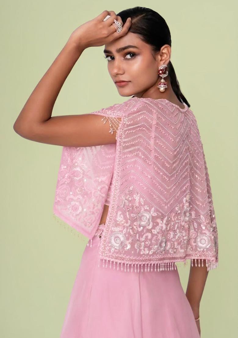 Pink Organza Handwork Lehenga Set - Indya