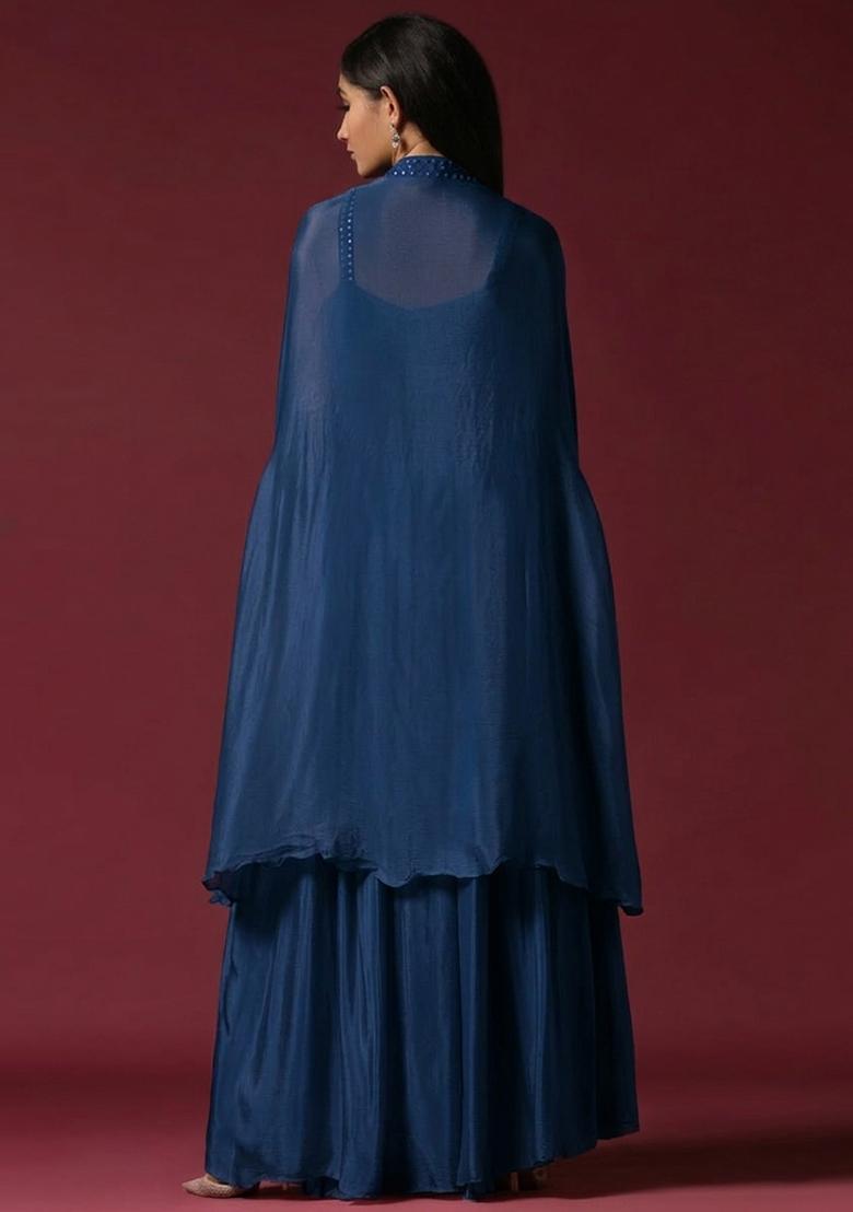Midnight Blue Chinon Handwork Lehenga Set - Indya