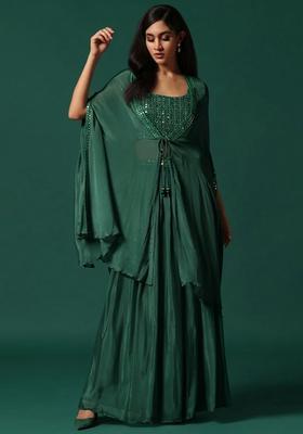 Bottle Green Chinon Handwork Lehenga Set