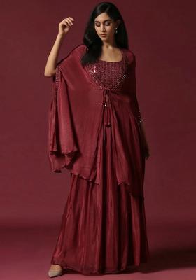 Maroon Chinon Handwork Lehenga Set