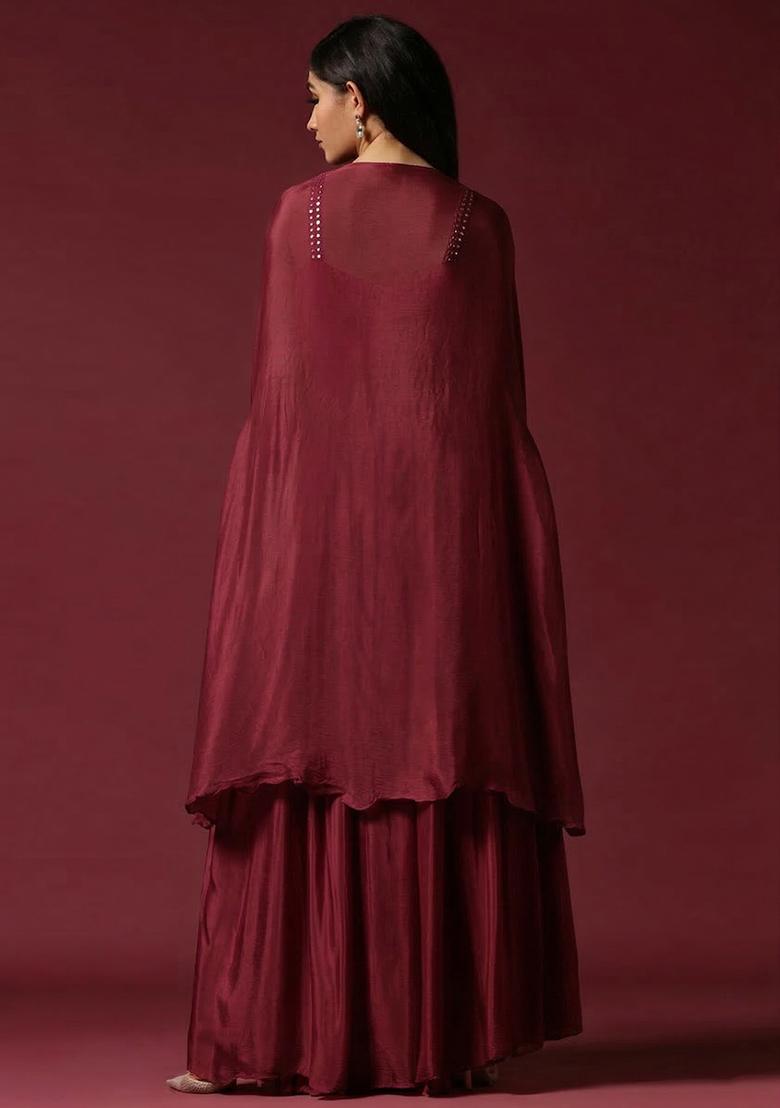 Maroon Chinon Handwork Lehenga Set - Indya
