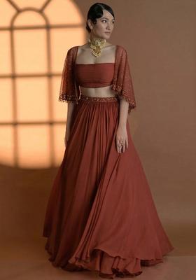 Rust Brown Georgette Handwork Lehenga Set