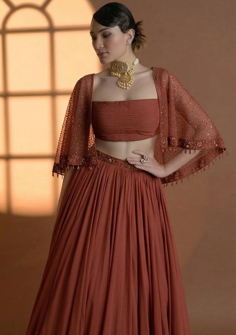 Rust Brown Georgette Handwork Lehenga Set - Indya