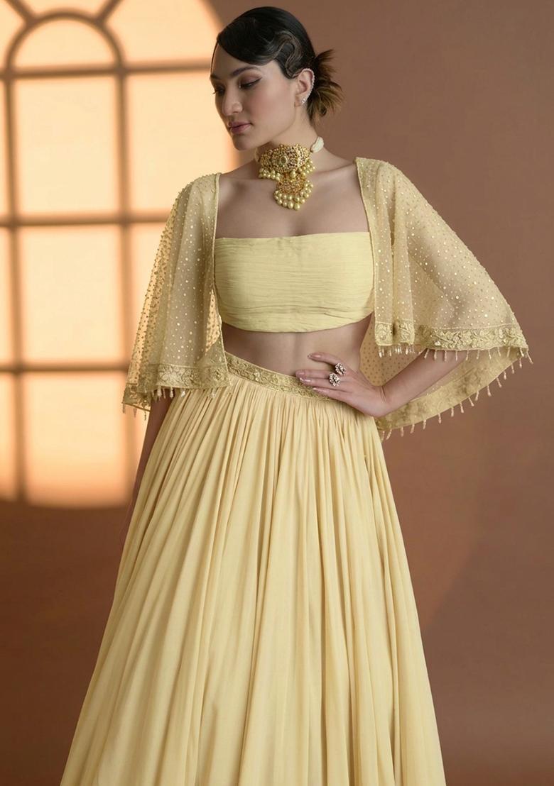 Yellow Georgette Handwork Lehenga Set - Indya