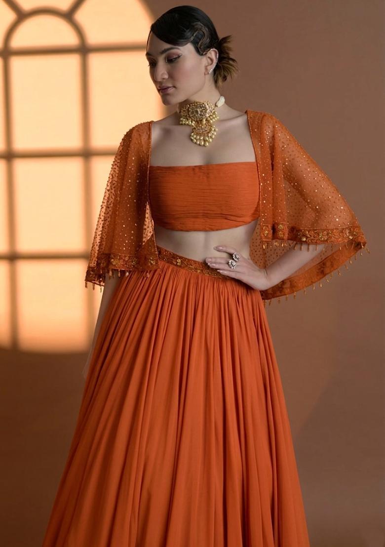 Rust Georgette Handwork Lehenga Set - Indya