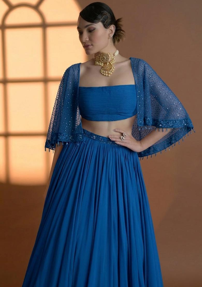 Lavender Blue Georgette Handwork Lehenga Set - Indya
