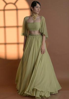 Olive Green Georgette Handwork Lehenga Set