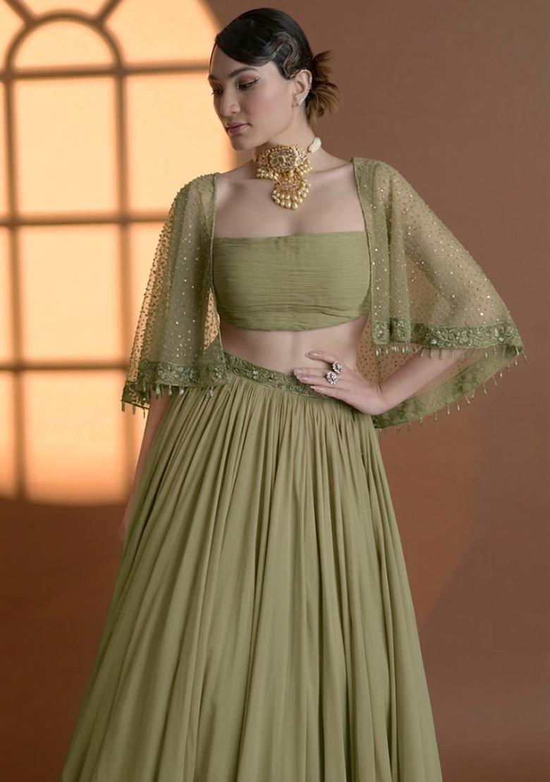 Olive Green Georgette Handwork Lehenga Set - Indya
