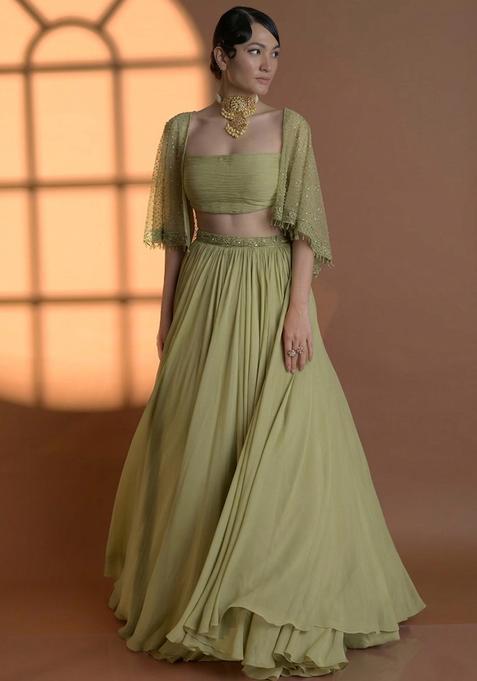 Olive Green Georgette Handwork Lehenga Set
