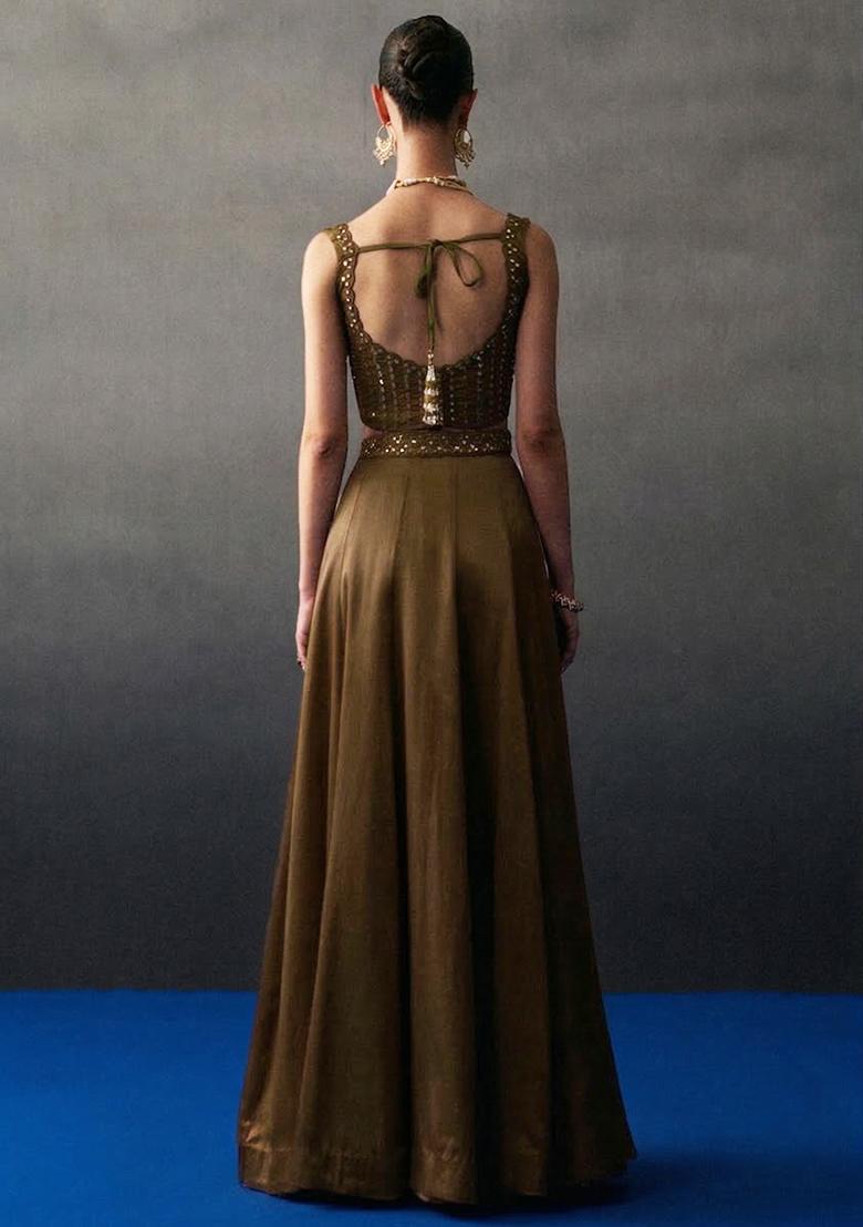 Chocolate Brown Crepe Handwork Lehenga Set - Indya